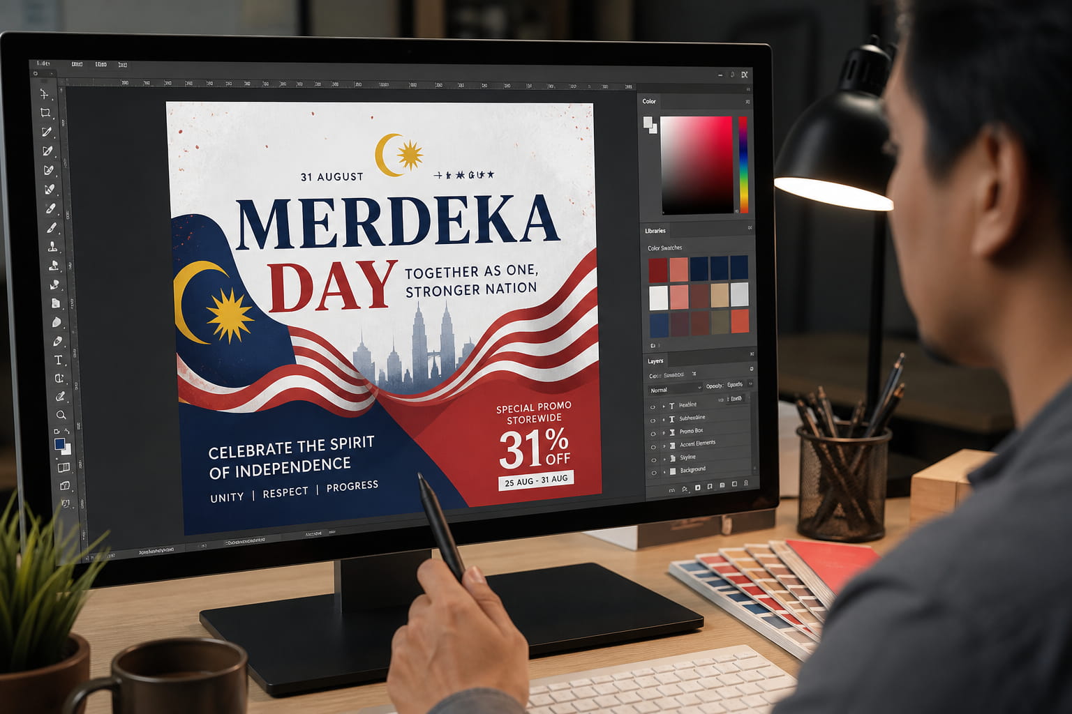Close-up shot of a designer reviewing a Merdeka Day promotional flyer layout on a computer screen