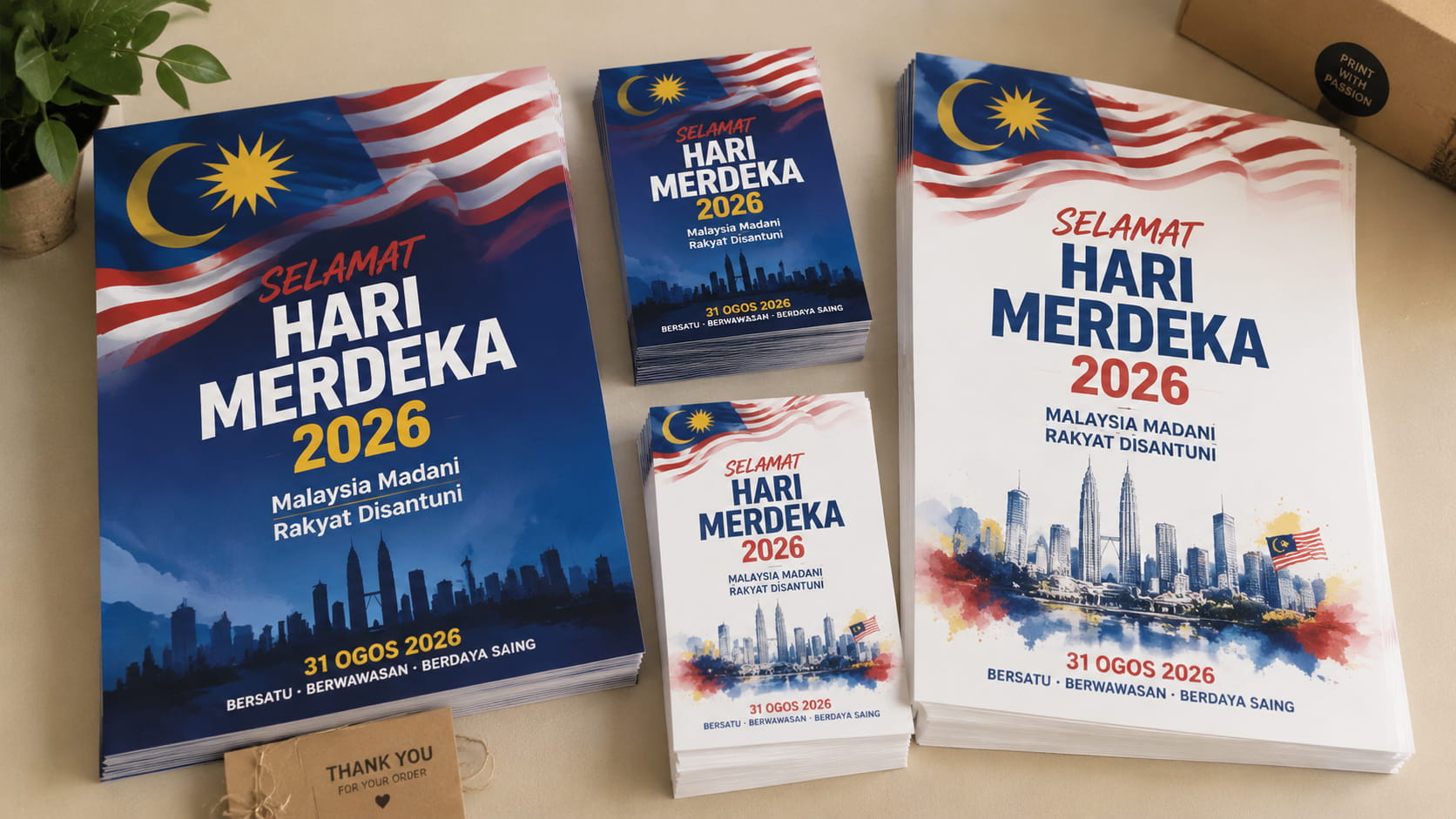 Flat lay photo of finished Merdeka Day promotional flyers and posters stacked neatly on a table